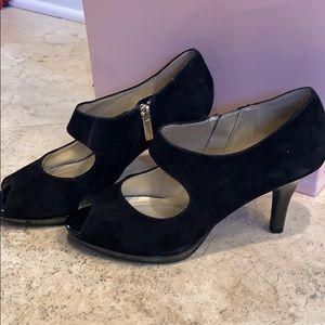Black suede Bandolino open toe strap heels